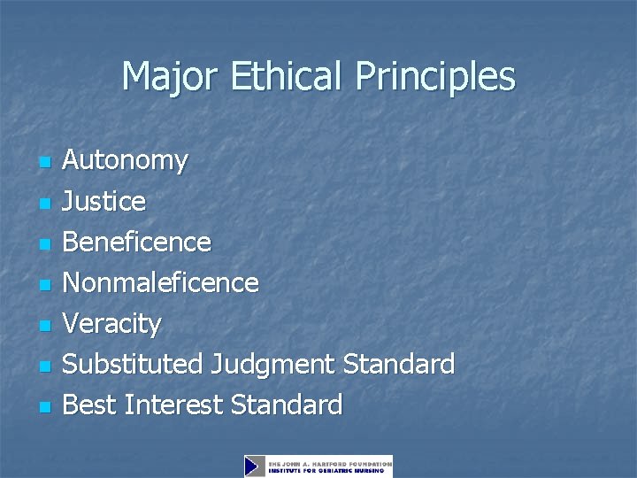 Major Ethical Principles n n n n Autonomy Justice Beneficence Nonmaleficence Veracity Substituted Judgment