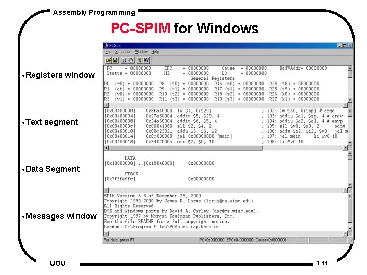 Assembly Programming PC-SPIM for Windows ·Registers window ·Text segment ·Data Segment ·Messages UOU window