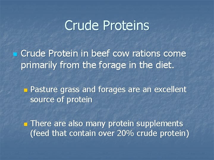Crude Proteins n Crude Protein in beef cow rations come primarily from the forage