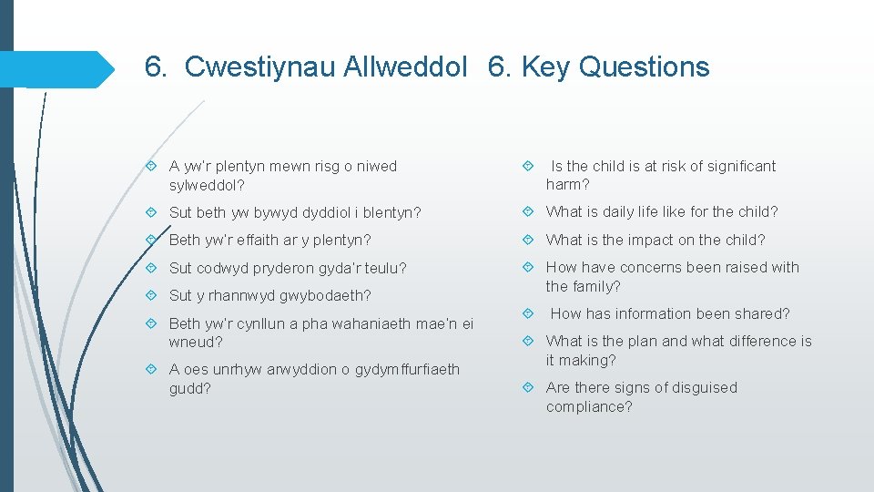6. Cwestiynau Allweddol 6. Key Questions A yw’r plentyn mewn risg o niwed sylweddol?