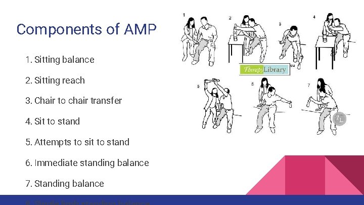 Components of AMP 1. Sitting balance 2. Sitting reach 3. Chair to chair transfer