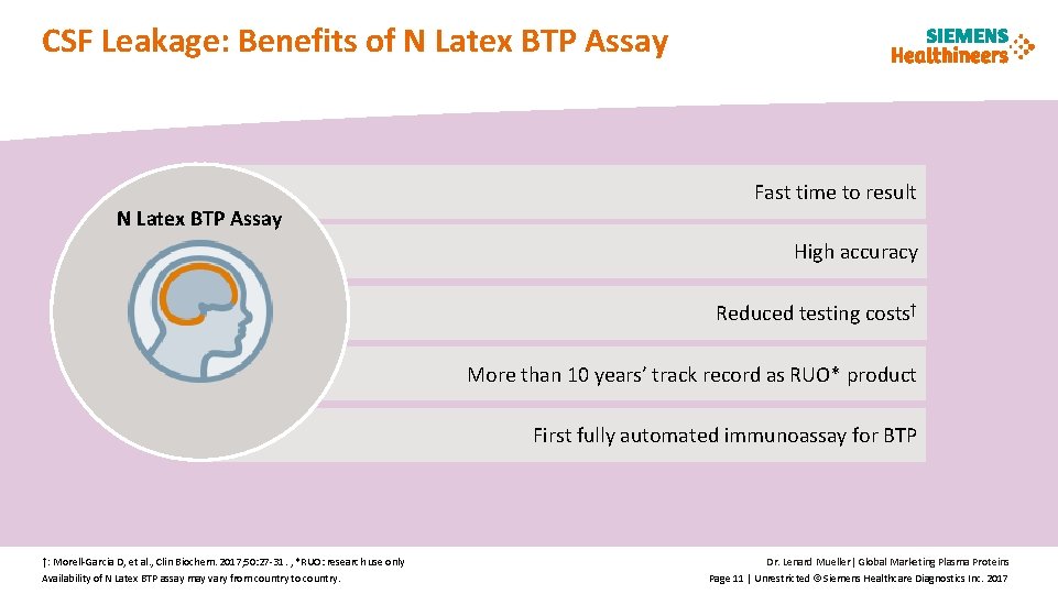 CSF Leakage: Benefits of N Latex BTP Assay Fast time to result High accuracy