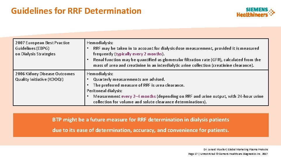 Guidelines for RRF Determination 2007 European Best Practice Guidelines (EBPG) on Dialysis Strategies Hemodialysis: