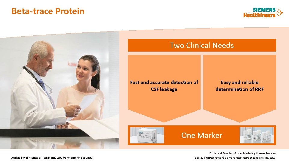 Beta-trace Protein Two Clinical Needs Fast and accurate detection of CSF leakage Easy and