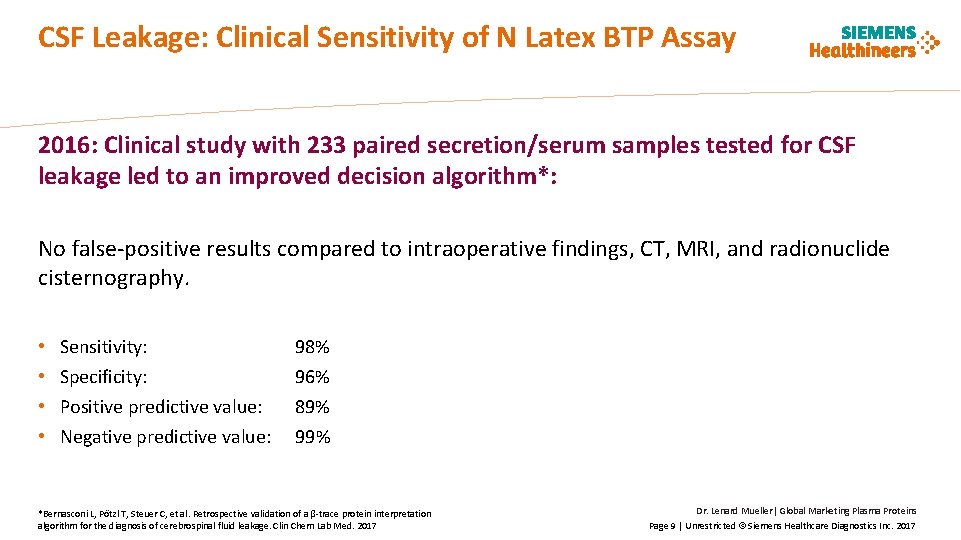 CSF Leakage: Clinical Sensitivity of N Latex BTP Assay 2016: Clinical study with 233
