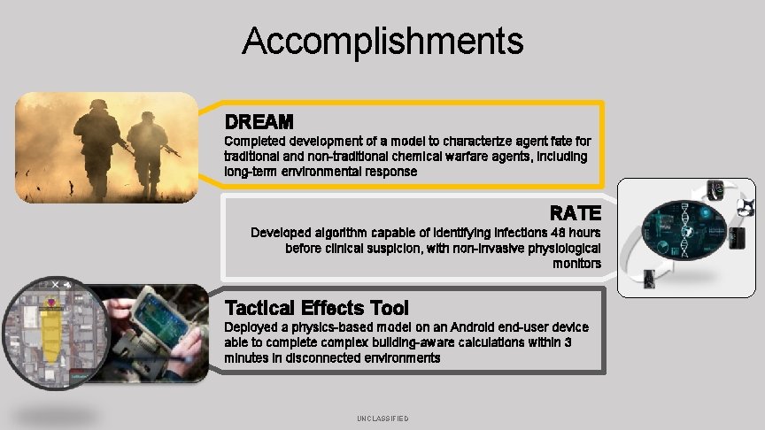 Accomplishments DREAM Completed development of a model to characterize agent fate for traditional and