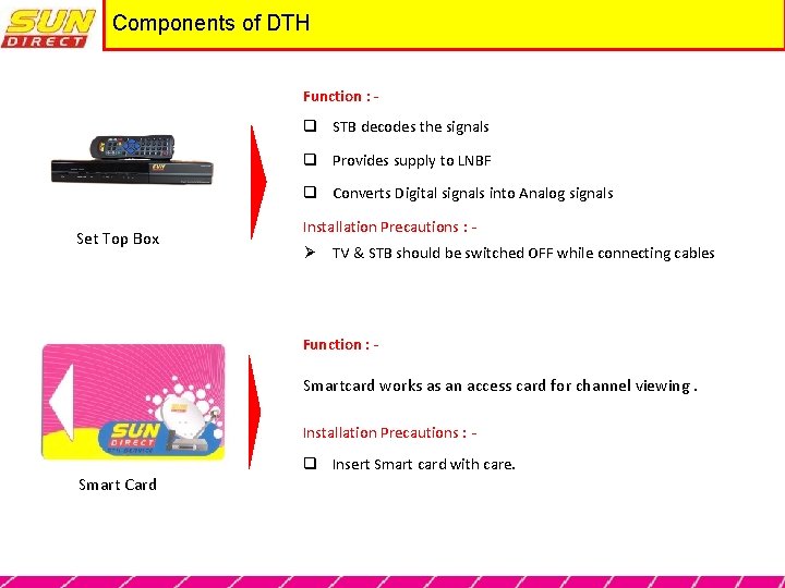 Components of DTH Function : - q STB decodes the signals q Provides supply