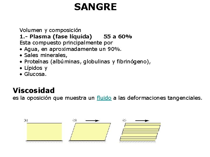 SANGRE Volumen y composición 1. - Plasma (fase líquida) 55 a 60% Esta compuesto