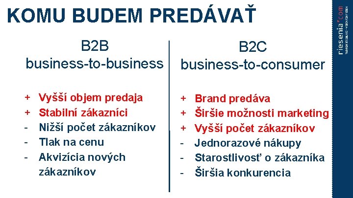 KOMU BUDEM PREDÁVAŤ B 2 B business-to-business B 2 C business-to-consumer + + -