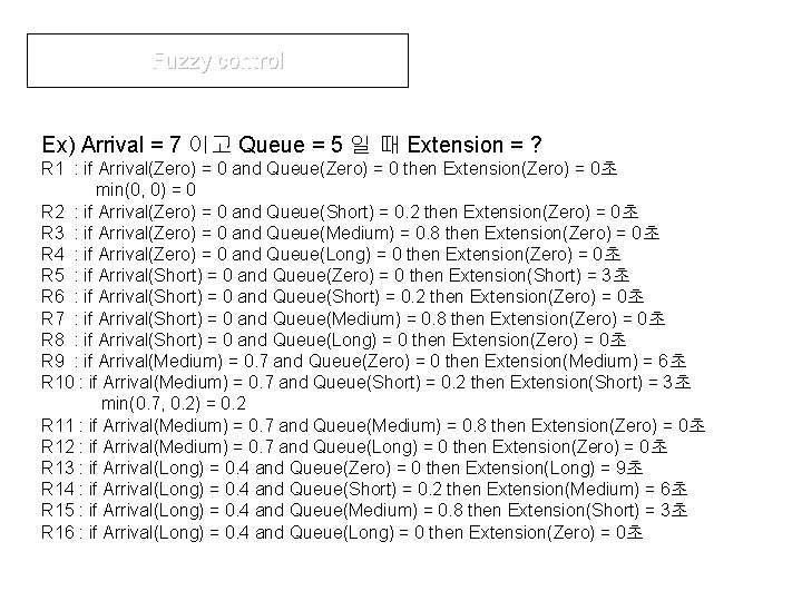 Fuzzy control Ex) Arrival = 7 이고 Queue = 5 일 때 Extension =