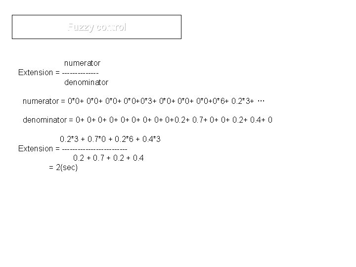 Fuzzy control numerator Extension = -------denominator numerator = 0*0+0*3+ 0*0+0*6+ 0. 2*3+ … denominator