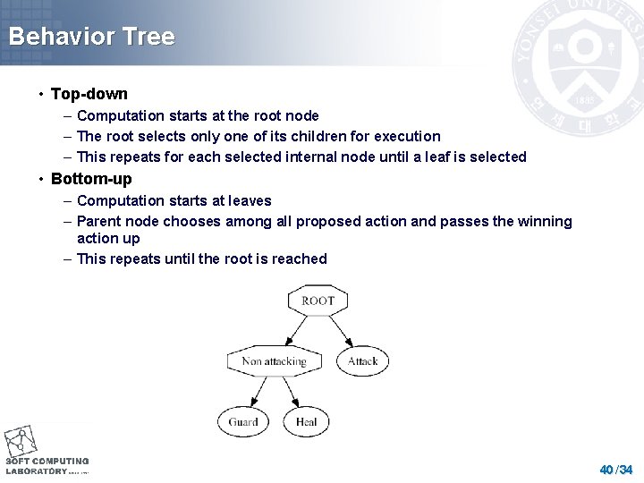 Behavior Tree • Top-down – Computation starts at the root node – The root