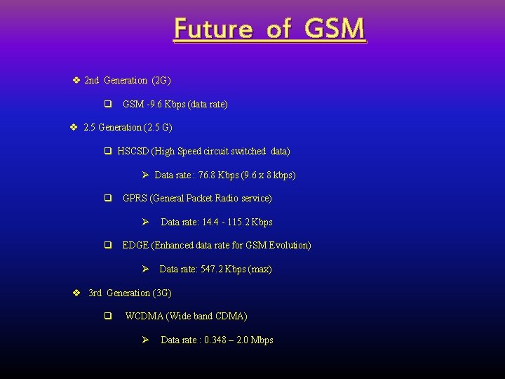 Future of GSM v 2 nd Generation (2 G) q GSM -9. 6 Kbps