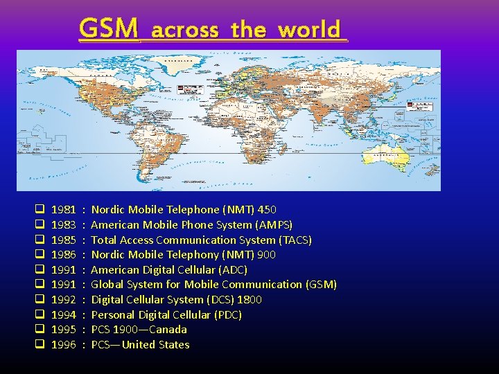 GSM across the world q q q q q 1981 1983 1985 1986 1991
