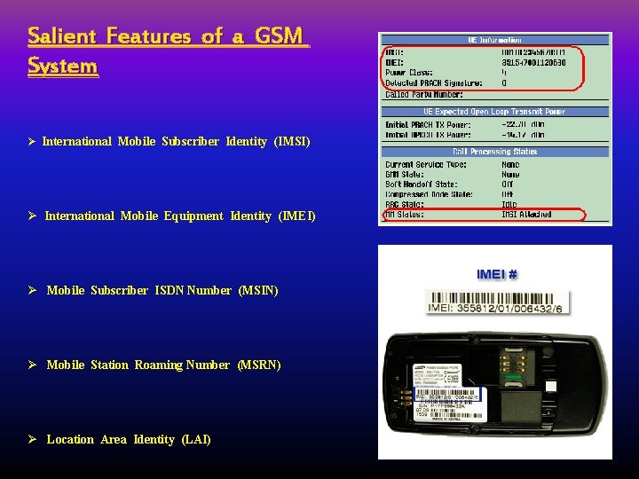 Salient Features of a GSM System Ø International Mobile Subscriber Identity (IMSI) Ø International