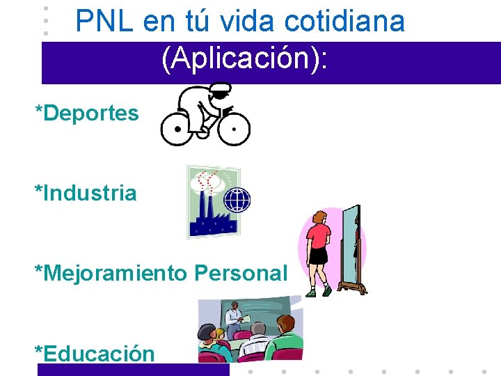 PNL en tú vida cotidiana (Aplicación): *Deportes *Industria *Mejoramiento Personal *Educación 