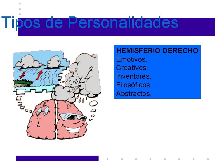 Tipos de Personalidades HEMISFERIO DERECHO Emotivos. Creativos. Inventores. Filosóficos. Abstractos. 