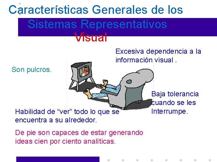 Características Generales de los Sistemas Representativos Visual Organizado. Excesiva dependencia a la información visual.