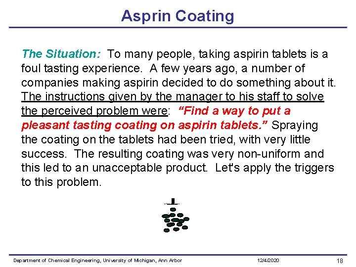 Asprin Coating The Situation: To many people, taking aspirin tablets is a foul tasting