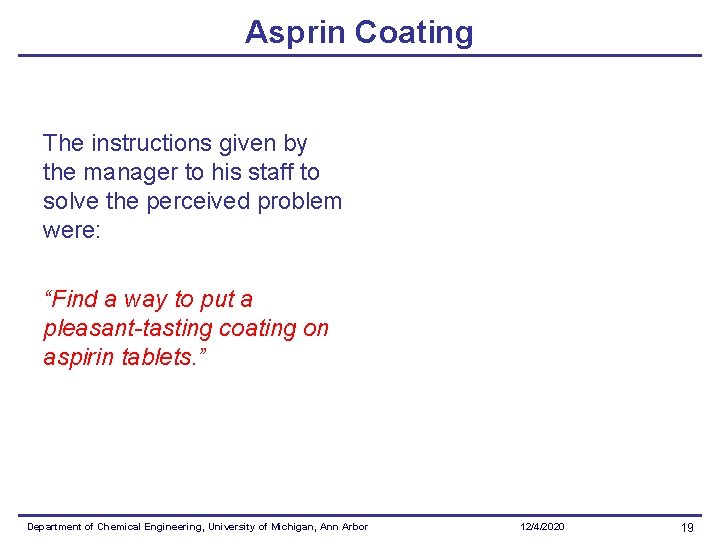Asprin Coating The instructions given by the manager to his staff to solve the