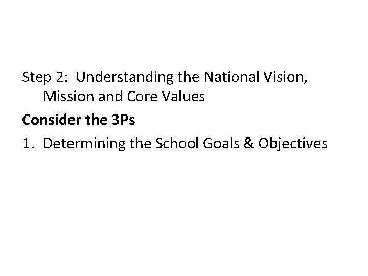 Step 2: Understanding the National Vision, Mission and Core Values Consider the 3 Ps