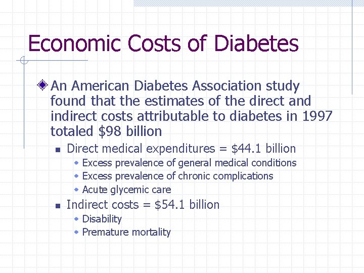 Economic Costs of Diabetes An American Diabetes Association study found that the estimates of