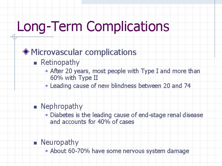 Long-Term Complications Microvascular complications n Retinopathy w After 20 years, most people with Type