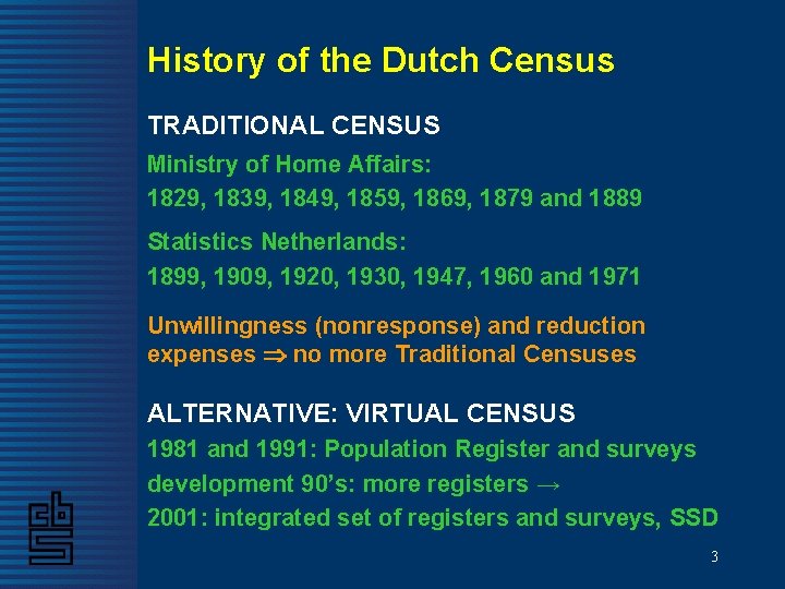 History of the Dutch Census TRADITIONAL CENSUS Ministry of Home Affairs: 1829, 1839, 1849, History of the Dutch Census TRADITIONAL CENSUS Ministry of Home Affairs: 1829, 1839, 1849,