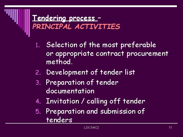 Tendering process – PRINCIPAL ACTIVITIES 1. 2. 3. 4. 5. Selection of the most