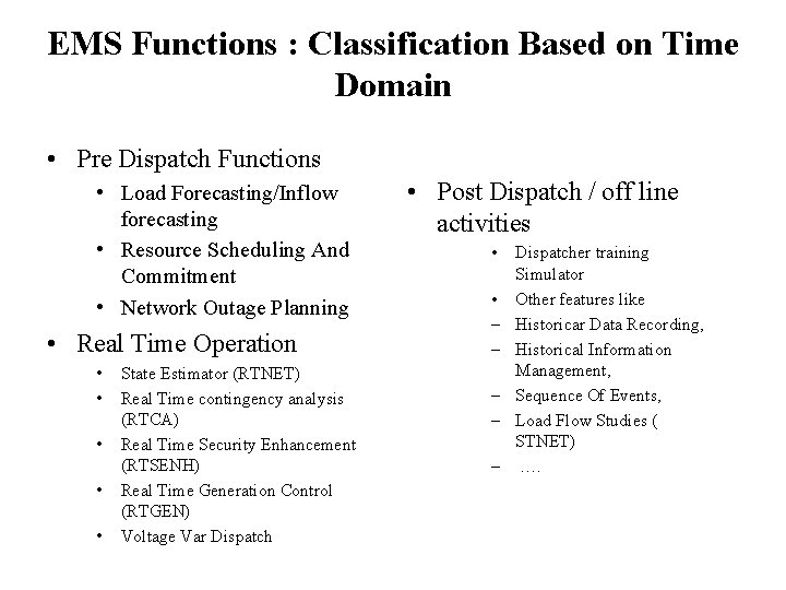 EMS Functions : Classification Based on Time Domain • Pre Dispatch Functions • Load