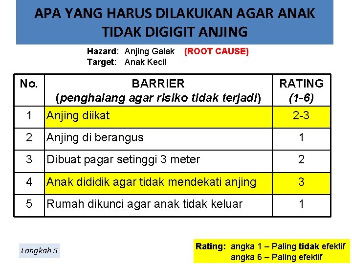 APA YANG HARUS DILAKUKAN AGAR ANAK TIDAK DIGIGIT ANJING Hazard: Anjing Galak (ROOT CAUSE)