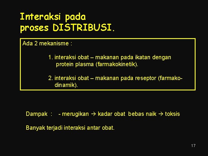 Interaksi pada proses DISTRIBUSI. Ada 2 mekanisme : 1. interaksi obat – makanan pada