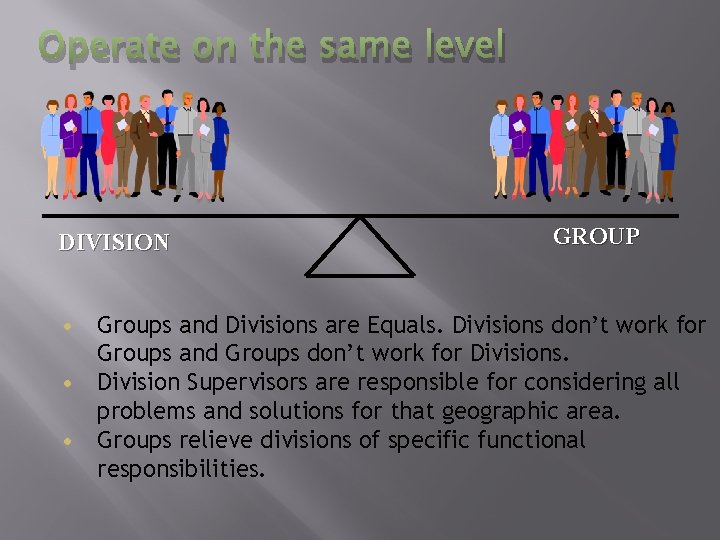 Operate on the same level DIVISION GROUP • Groups and Divisions are Equals. Divisions