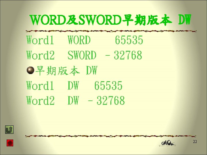 WORD及SWORD早期版本 DW Word 1 WORD 65535 Word 2 SWORD – 32768 早期版本 DW Word