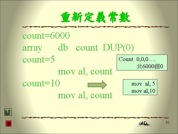 重新定義常數 count=6000 array db count DUP(0) Count 0, 0, 0…. count=5 共 6000個0 mov