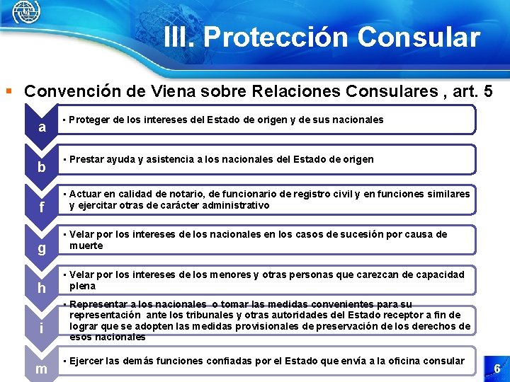 III. Protección Consular § Convención de Viena sobre Relaciones Consulares , art. 5 a