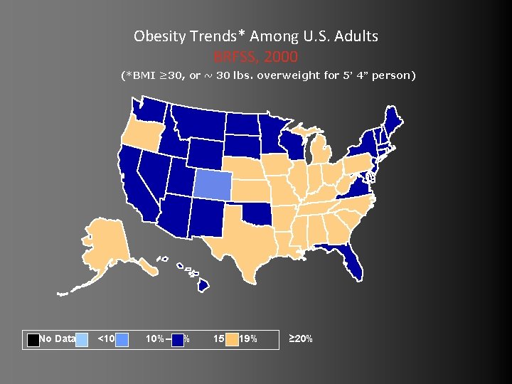 Obesity Trends* Among U. S. Adults BRFSS, 2000 (*BMI ≥ 30, or ~ 30