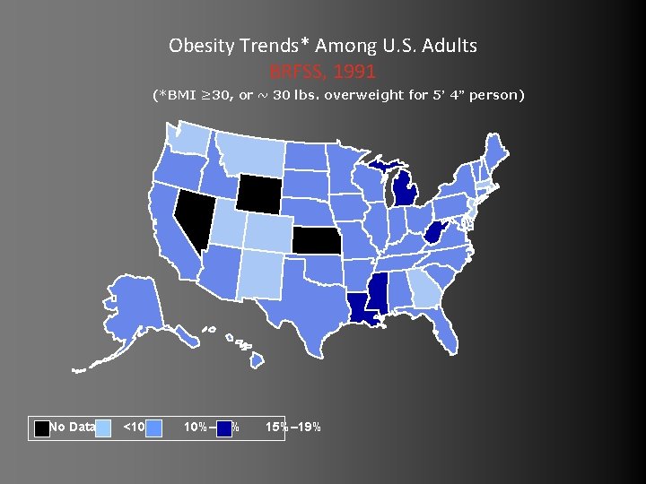 Obesity Trends* Among U. S. Adults BRFSS, 1991 (*BMI ≥ 30, or ~ 30