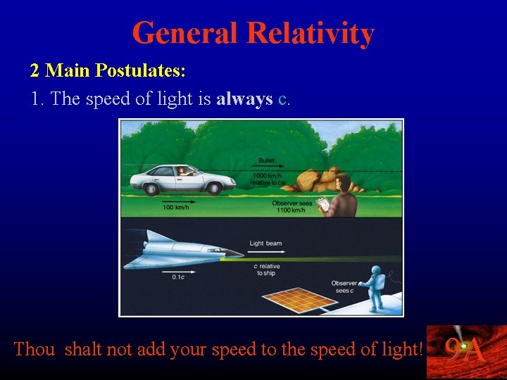 General Relativity 2 Main Postulates: 1. The speed of light is always c. Thou