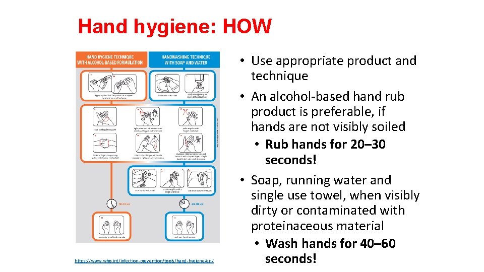 Hand hygiene: HOW https: //www. who. int/infection-prevention/tools/hand-hygiene/en/ • Use appropriate product and technique •