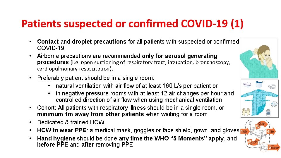 Patients suspected or confirmed COVID-19 (1) • Contact and droplet precautions for all patients