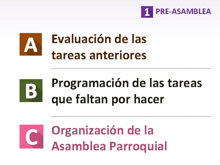 PRE-ASAMBLEA Evaluación de las tareas anteriores Programación de las tareas que faltan por hacer