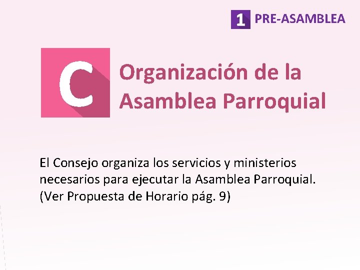 PRE-ASAMBLEA Organización de la Asamblea Parroquial El Consejo organiza los servicios y ministerios necesarios
