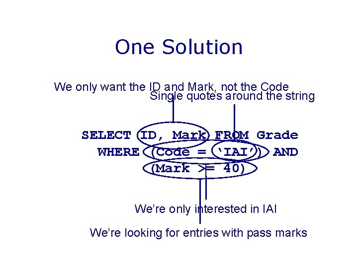 One Solution We only want the ID and Mark, not the Code Single quotes