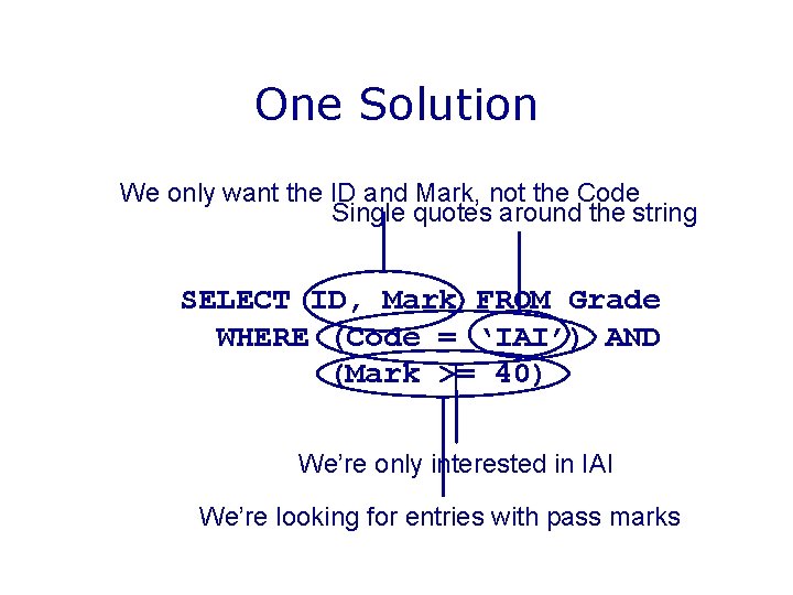 One Solution We only want the ID and Mark, not the Code Single quotes One Solution We only want the ID and Mark, not the Code Single quotes