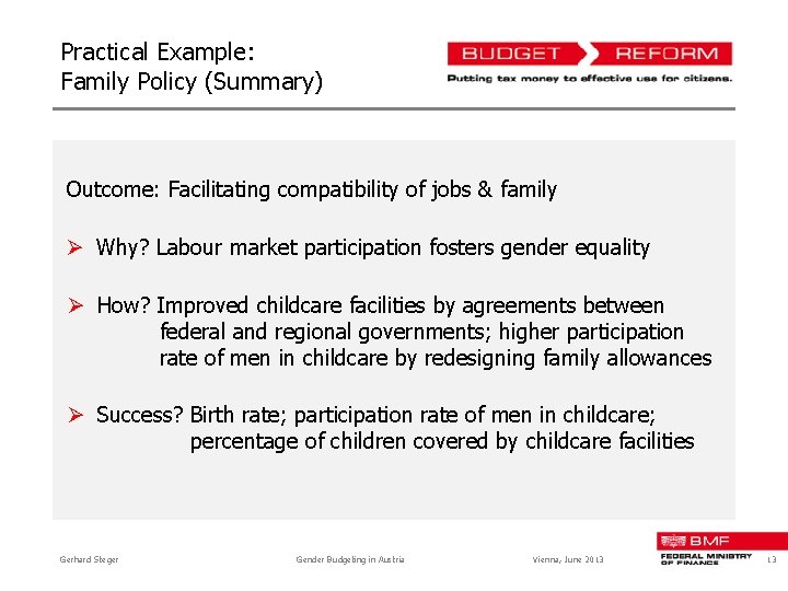 Practical Example: Family Policy (Summary) Outcome: Facilitating compatibility of jobs & family Ø Why?