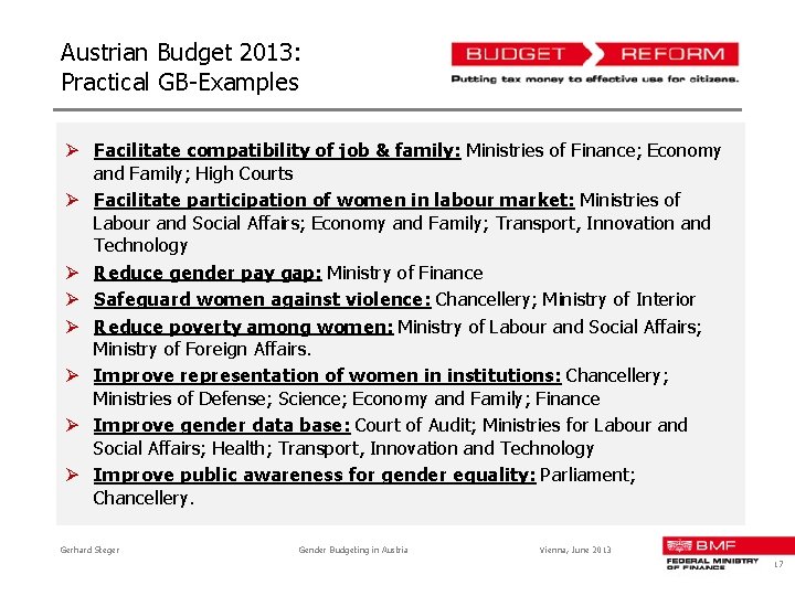 Austrian Budget 2013: Practical GB-Examples Ø Facilitate compatibility of job & family: Ministries of