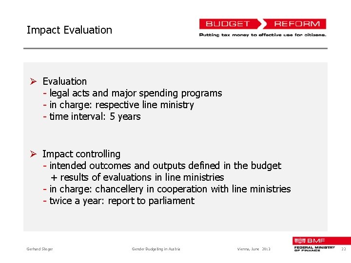 Impact Evaluation Ø Evaluation - legal acts and major spending programs - in charge: