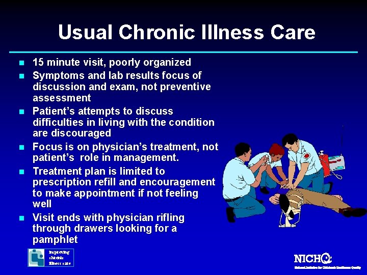 Usual Chronic Illness Care n n n 15 minute visit, poorly organized Symptoms and