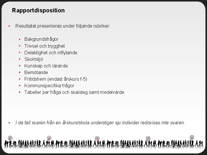 Rapportdisposition Resultatet presenteras under följande rubriker: Bakgrundsfrågor Trivsel och trygghet Delaktighet och inflytande Skolmiljö